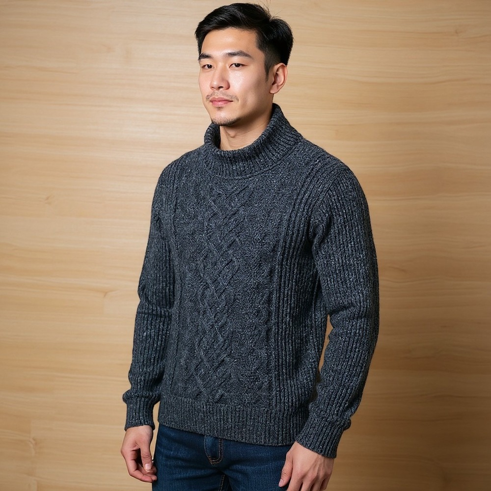 American Rag Sweater Mens L Charcoal Grey Cable Knit Cowl Neck Pullover